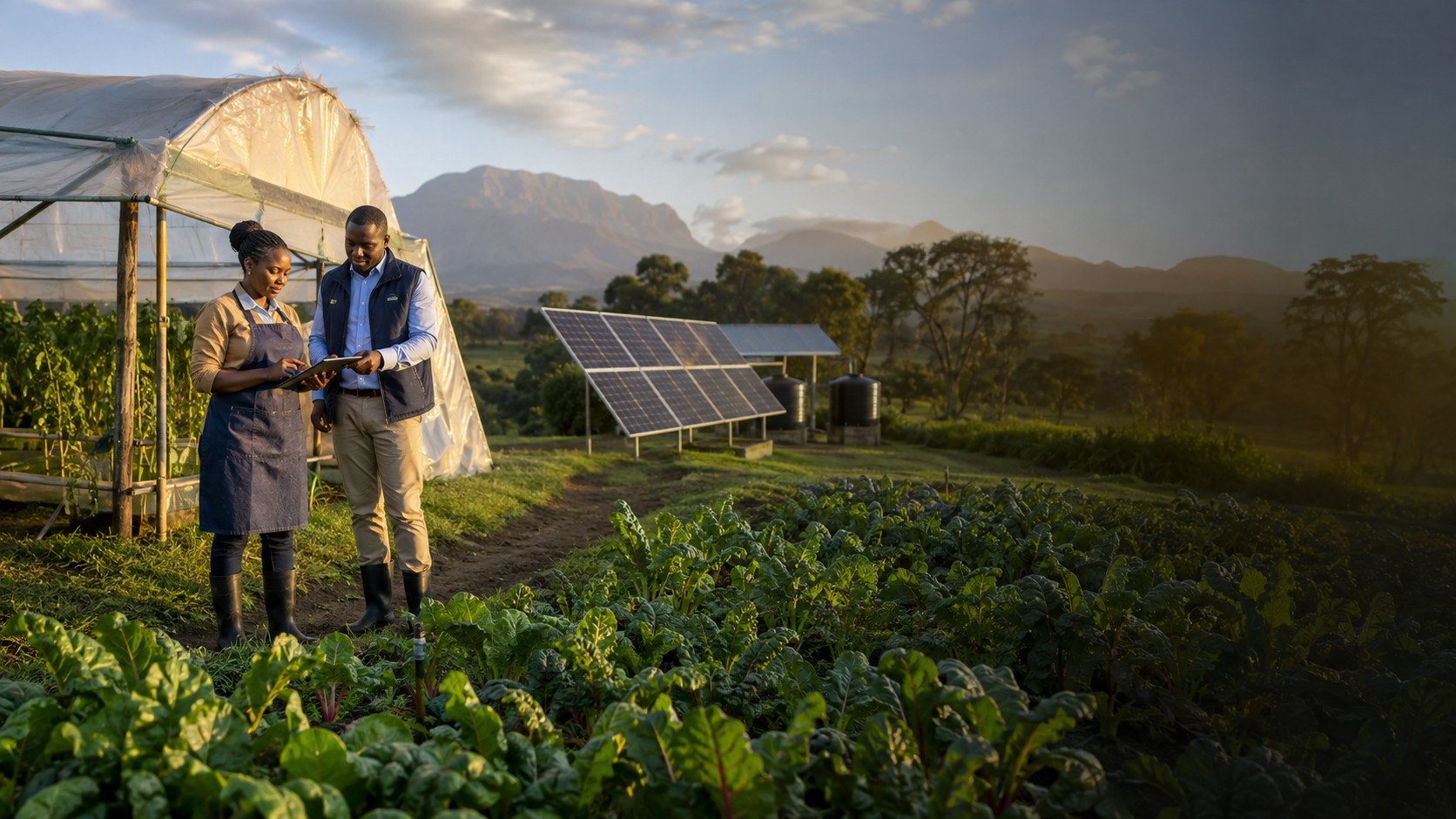 An agricultural entrepreneur and finance professional reviewing a project near solar panels