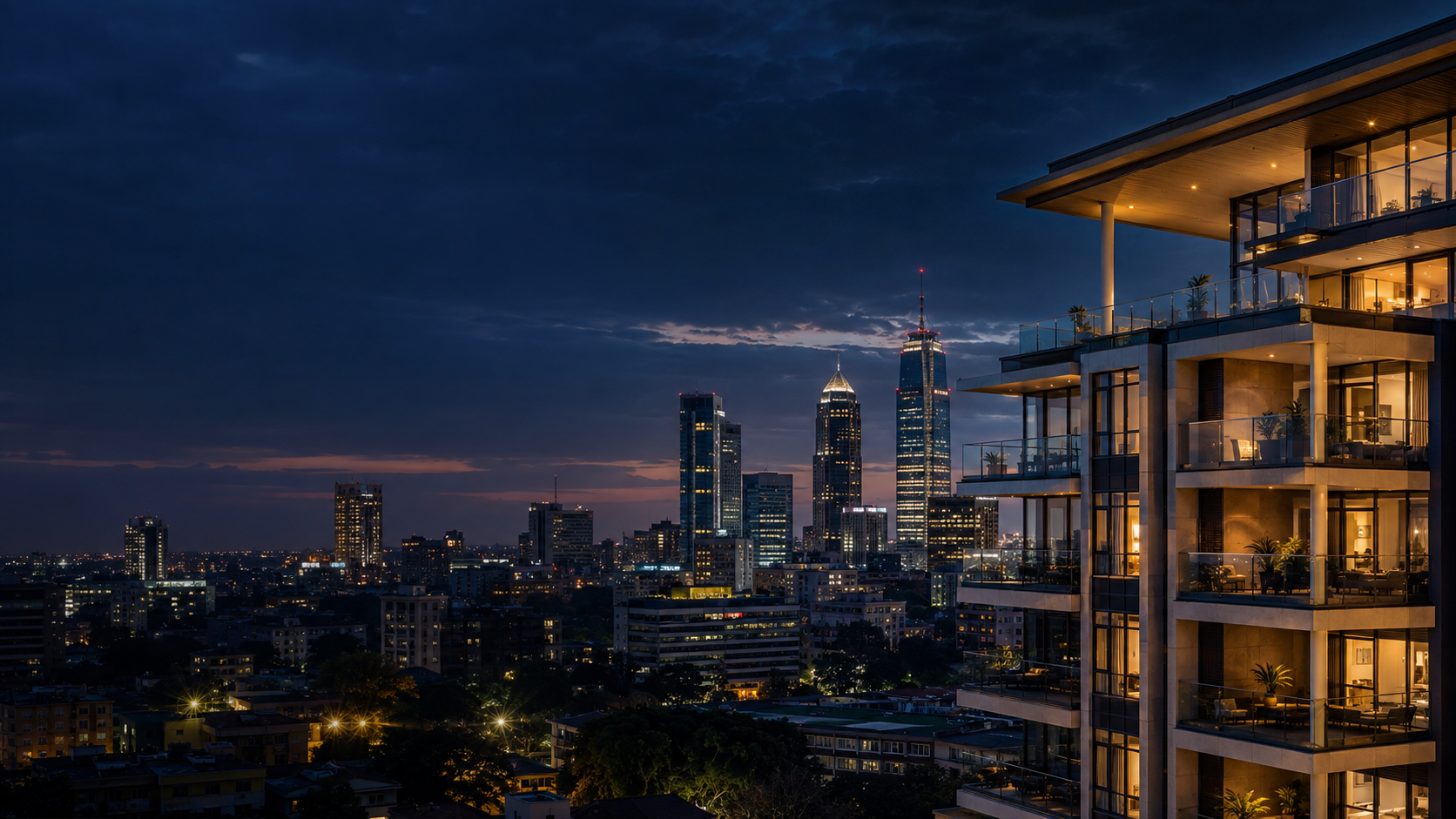 Nairobi skyline beside modern residential property at night